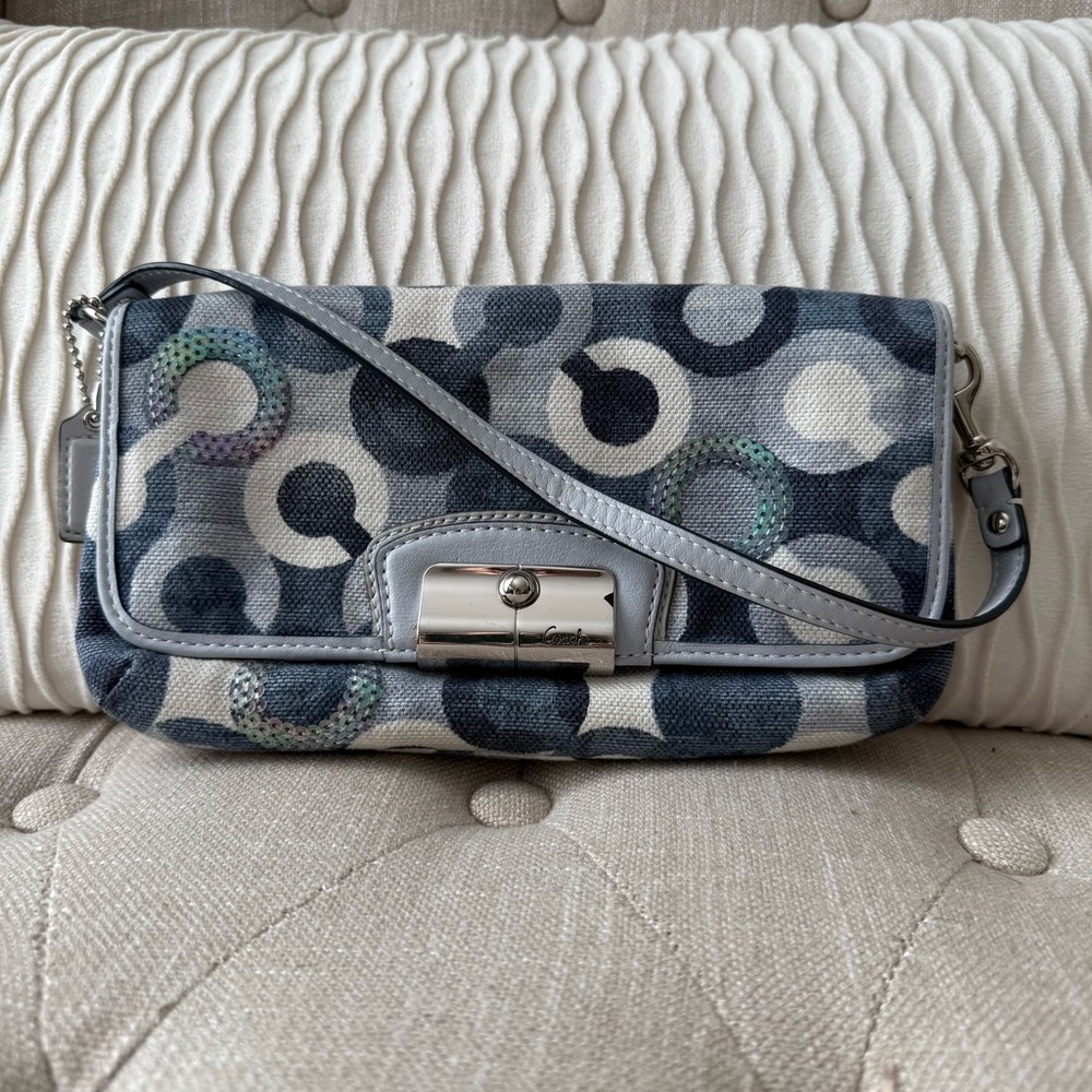 Coach Poppy Sequin 3D Op Art Canvas Bag - Blue/Grey/Silver - Picture 2 of 6